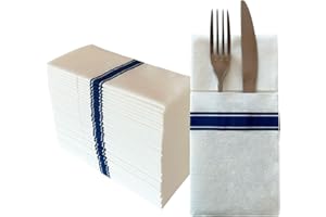 JEBBLAS Disposable Linen Feel Napkins, Built-in Flatware Pocket, Decorative Wedding Napkins with Rose Print, Folded Cloth Like Party Napkin, Soft, Strong, Absorbent, and Pre-Folded, 50 Pack Blue.