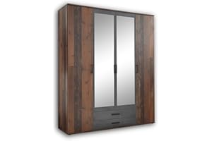 ‎STELLA TRADING CHICAGO Eleganter Kleiderschrank mit viel Stauraum - Vielseitiger Drehtürenschrank in Old Style & Betonoxid Optik - 159 x 197 x 54 cm (B/H/T)