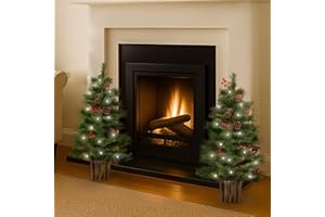 MARCO PAUL INTERIORS Marco Paul Pre Lit Pine & Red Berry Artificial Christmas Trees - Set of Two 3ft Battery Operated White LED 8-Mode Designs - Luxury Indoor & Outdoor Xmas Decorations for Fireplace, Hallway or Doorway