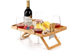 Kingrol Table de pique-nique en bambou avec bouteille de vin, verre et porte-couteau à fromage – Parc, camping, plage, en-cas extérieur et plateau à fromage, cadeau pour amateurs de vin, pliable et
