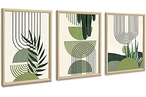 FAJERMINART 3 Pcs Quadri Moderni Verde Salvia Boho Stampa su Tela Con Cornice, Quadro Astratto Estetica Verde Pianta pittura su tela poster da parete Decorazione Murale Soggiorno Camera da letto 30x40cmx3