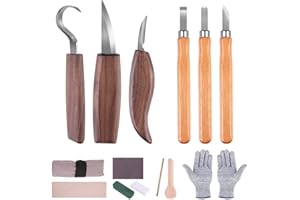 HOSPAOP Zestaw narzędzi do rzeźbienia w drewnie – 14 szt. noży do rzeźbienia w drewnie z kamieniem szlifierskim dla dorosłych i dzieci, zestaw do rzeźbienia "zrób to sam" z rękawicami odpornymi na przecięcie