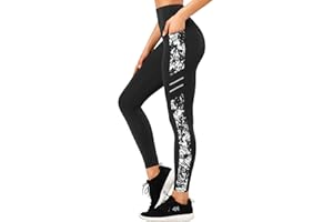 Yvette Leggings de Sport Femmes Opaque Taille Haute Pantalon Imprimé de Yoga Non Transparent Doux avec Poches Jogging Fitness Pilates