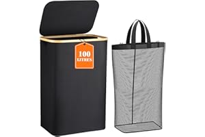 IHOO 100L Wäschekorb mit Deckel, 1 Herausnehmbaren Wäschesäcken, Wäschekorb aus Oxford-Stoff und Bambusgriffen Faltbarer Wäschekorb mit Großem Fassungsvermögen