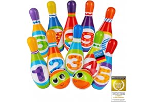 all Kids United® Bowlingset för Barn – 10 Käglor & 2 Bollar i PU-skum | Mjuka skumkäglor 19 cm, bollar 10 cm – inomhus & utomhus, 3–10 år, vacker presentförpackning