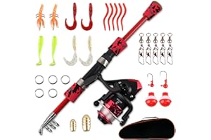 SilverChry Mini Cañas de Pescar Niños, Telescópica, con Carrete y Señuelos, Bolsa de Transporte de Camuflaje Rojo, para Agua Dulce y Salada, para Niños, Niñas y Adolescentes