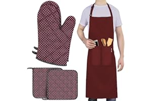 ‎LEFUNDA LEFUNDA® Ofenhandschuhe Topflappen 4er Set, Hitzebeständige Topfhandschuhe Baumwolle, Grillhandschuhe, Ofen Handschuhe (Rot (2 Ofenhandschuhe + 2 Topflappen + 1 Schürze), 5er Set - Große)