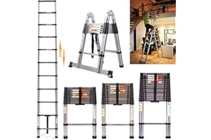 ROYALSWILL Teleskopleiter mit Stabilisator, 5m (2,5m+2,5m) A-Rahmen Klappleiter Stehleiter Rutschfester Leiter aus hochwertigem Edelstahl, Ausziehbare Leiter, Ausziehleiter Mehrzweckleiter, 150kg Belastbarkeit