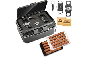 LIHTUN Reise-Humidorbox und Zigarrenzubehör-Set, tragbares Zigarren-Humidor-Etui mit 2 Zigarrenschneidern, 1 Zigarrenbohrer, Hygrometer, Dreifach-Humidor-Zigarrenbox, Geschenk für Männer