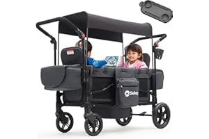 Sekey Bollerwagen Kinder Zwillingsmodus, Bollerwagen Faltbar mit Dach 2 Kinder, Duo Schiebegriff Kinderwagen Doppelsitz mit 2 integrierten 5-Punkt-Gurtsystem, Zwillingskinderwagen (Schwarz, Premium)