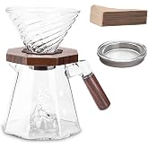 Lalord Pour Coffee Maker, 600ml Borosilicate Glass Set with 100 V02 Paper Filters, Walnut Collar and Glass Lid, Drip Coffee M