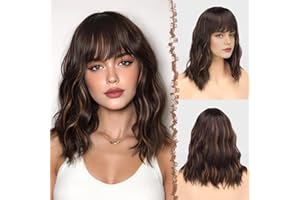 FESHFEN Pelucas resaltado Castaño Oscuro Ondulado con Flequillo para Mujer, 35 cm Peluca Bob Rizado Corta Sintética Pelucas de Cabello Parte Media Longitud del Hombro de Fiesta