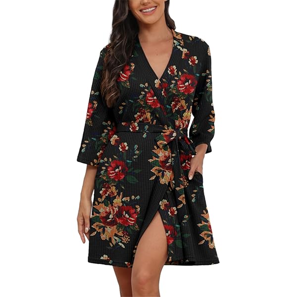 Ekouaer Dames gewaden korte gebreide badjas ochtendjas dames loungewear V-hals lichtgewicht zachte kimono met zakken, S