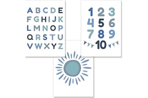 PREMYO Wall Art Prints Nursery Decor - Baby Room Decoration Boy - Kids Poster Set Alphabet ABC Sun Blue Picture A4 Size