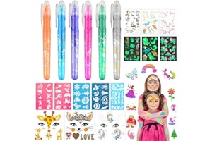 CHMMY Tatuajes Temporales Niños, Rotuladores Purpurina Tatuajes con 6 Colores, 35 plantillas, 3 Niños Tatuajes Luminosos, 3 Tatuajes Faciales, Juego Niña Niño para Fiesta Halloween Cumpleaños