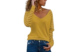 Homlan T-shirt à manches longues, col en V et rayures en mesh, coupe élégante, ample et décontractée, pour femme