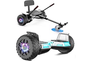 SISIGAD Hoverboard with Seat, All-Terrain Hoverboard with Hoverkart, 8.5 Inch Go-Kart with Self Balancing Scooter, Off-Road Hoverboards with Bluetooth Speaker, LED, Gift for Children