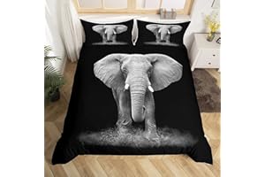 LOUSSIESD Juego de Funda de edredón con diseño de Elefante, tamaño Super King, Animales Salvajes y Animales Vivos en 3D, Color Negro y Gris, Juego de Ropa de Cama de 3 Piezas con 2 Fundas de Almohada, cremalle