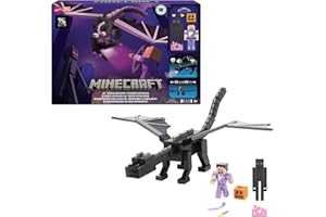 Mattel Minecraft Smok Kresu 15 rocznica Zestaw figurek Smok ze światełkami, dźwiękami i „mgłą”, figurka Steve’a (8 cm) i figurka Endermana (8 cm) HTN25