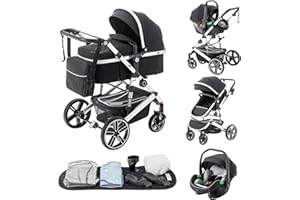 Kakbgee 3-in-1 Pram Travel System, Pushchair Travel System with ECE R129 Car Seat, Height Adjustable Handle Baby Pram, High View Aluminum Frame Baby Stroller for Newborn, Balck(0-4Yeas, 22KG)