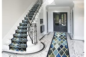 Bravich RugMasters Anejo Blue Rubber Backed Non Slip Machine Washable Very Long Hallway Hall Runner Narrow Rugs Custom Length Stair Mats 2'2"x18'FT (66x549cm)