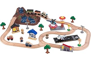 KidKraft Pista Trenino Bucket Top Mountain Airport in Legno per Bambini con Contenitori, Gioco per Veicoli con Camion dei Pompieri ed Aereo Giocattolo per Bambini 3+ Anni, 17826