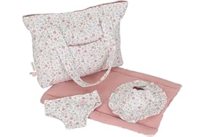 Little Dutch Puppenwickeltasche Pflegetasche Wickeltasche für Puppen groß inkl. Wickelunterlage, Stoffwindel und Lätzchen 4-teilig - Soft Flowers rosa