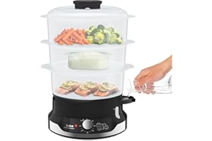 Tefal Ultracompact Steam Cooker, 9L, Stackable Storage System, 3-Tier Food Steamer, BPA-Free Bowls, 60-Min Timer, Refill While Steaming, Rice Accessory, Removable Cooking Bowls,VC204865