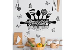 WandSticker4U®- Stickers muraux cuisine citation "CŒUR de la MAISON" noir (54x37 cm) I Autocollant mural cuisine fleurs papillons ustensiles café plaque I Déco murale salle à manger armoire frigo