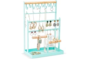 ProCase Porte Bijoux Présentoir à Bijoux en Metal et Bois Durable avec Plateau et Crochets, Porte Collier Boucles d’Oreille, Organisateur de Bijoux -Bleu Brillant