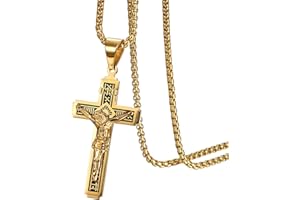 JewelryWe Gioielli Collana con Ciondolo Pendente Croce Gesu' Collana Preghiera, Collana da Uomo in Acciaio Inossidabile, Colore Argento Oro, Natale Regalo