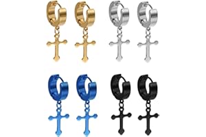 Flongo Pendientes de cruz para hombre, pendientes de aro para mujer, de plata, negro, azul, dorado, clásico, vintage, hip-hop, para hombres, mujeres, juego de 4 pares