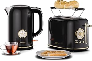 Klarstein Set Petit-Déjeuner Victoria Essential - Grille-Pain 2 Fentes 7 Niveaux, Support à Petits Pains, Plateau Ramasse-Miettes, Bouilloire Électrique 1,7L Filtre Anti-Calcaire, Arrêt Auto, Noir