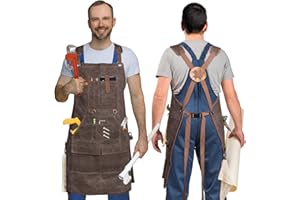 FinityPro Waxed Canvas Woodworking Apron - 22oz Heavy Waxed Canvas Work Aprons for Men and Women, with 9 Pockets & Cross Back Straps, Woodworking Aprons for Men, Adjustable Woodwork Shop Apron