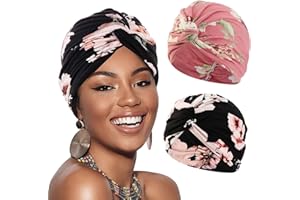 XEPST Printed Turbans for Women, 2 Pieces Soft Pre Tied Knot Turban Head Wraps Chemo Headwear Pleated Beanie Cap