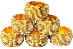 Indus Lifespace Napkin Ring Gold Set of 6 Beaded Napkin Ring Holders, Birthday, Christmas, Any Occasion Gift