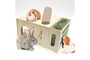GHWMYD Maisonnette avec Mangeoire à Foin pour Lapin, 2 en 1 Cabane Cochon d'Inde en Bois avec Distributeur de Nourriture pour Petits Animaux de Compagnie, Hamsters Nains, Chinchilla