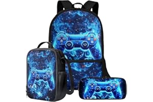 Wnbucioht Boys School Bags Sets Blue Game Print Backpack for Kids Children School Bookbag with Insulated Lunchbox Pencil Case 3 in 1 Game Print School Backpack for Girls Teens Casual Daypack