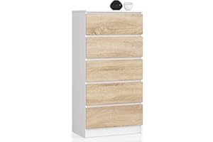AKORD Cassettiera K60 con 5 Cassetti | Credenza Alta | Moderna Mobiletto per Soggiorno Sala da Pranzo Camera da Letto Corridoio Bagno | Armadio Cameretta | 60x121x40 cm, 39kg | Bianco/Rovere Sonoma