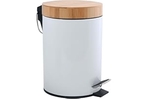 MSV - Pattumiera da bagno da 3 litri, in acciaio inox e bambù, con sistema di abbassamento automatico e secchio interno, colore: Bianco