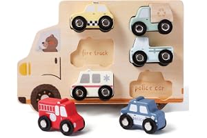 Träbilar set för barn – 6-delat fordonsset inklusive brandmotor, ambulans, taxi och mer – lekbilar i trä för pojkar flickor