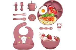 Bizcasa Set Pappa per Bambino, 12 Pezzi, Set Pappa Svezzamento per Bambini in Silicone, Senza BPA, Set di Posate per Bambini Antiscivolo con Ventosa Piatto Ciotola Tazza Bavaglino (Rosa scuro)