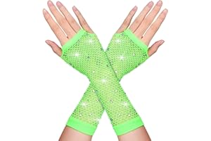 DIVINA VITAE Fishnet Rhinestone Fingerless Gloves - 80s Fashion Arm Sleeves Sparkly Mesh Gloves for Women & Kids