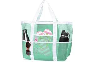 FYting Beach Bag,Summer Beach Bags for Women,Mesh Tote Bag,Portable Travel Toiletry Bag with 8 Pockets, Foldable Shopping Bag, for Fitness, Swimming, Travel, Picnic, Bathing (Green)