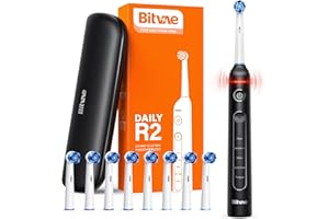 Bitvae R2 Brosse À Dents Électrique Rotative Pour Adultes Avec 8 Têtes De Brosse, Étui De Voyage, 5 Modes, Rechargeable Avec Capteur De Pression, 3 Heures De Charge Rapide Pendant 30 Jours, Noir