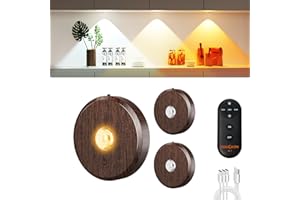 MEKKLEON Luci a disco con telecomando ricaricabili, illuminazione wireless sotto armadietto, 2000 mAh, a batteria, luci push touch, luci adesive per banconi, scaffali, librerie (colore legno, 3 pezzi)