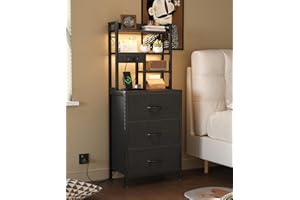 MUTUN Bedside Table with Charging Station and LED Lights, Tall Nightstand with 2 Outlets and 2 USB Ports, Sofa Table with 3 Fabric Drawers and Bookshelf for Living Room, Bedroom, Office (Black)