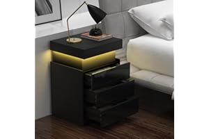 RCYNVIEW Comodino con Illuminazione LED, Comodini Camera da Letto Moderno con Presa, Comodino lucido 16 Colori Regolabile, Comodini Soggiorno, Comodini Camera da Letto con 3 Cassetti e USB, 45x40x67 cm, Nero