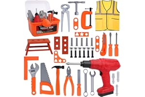REAQUE Werkzeugkoffer Kinder, 48 Stück Spielzeug-Werkzeugset für Jungen Mädchen ab 3-7 Jahre, Konstruktionsspielzeug mit Bohrmaschine, Hammer, Schraubendreher, Schrauben & Weste, Geschenk für Kinder