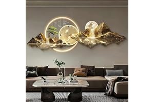 3D-väggskulpturer med LED-ljus och klocka, orientaliskt landskap hängande konst, metallväggmålning för vardagsrum, sovrum, ha
